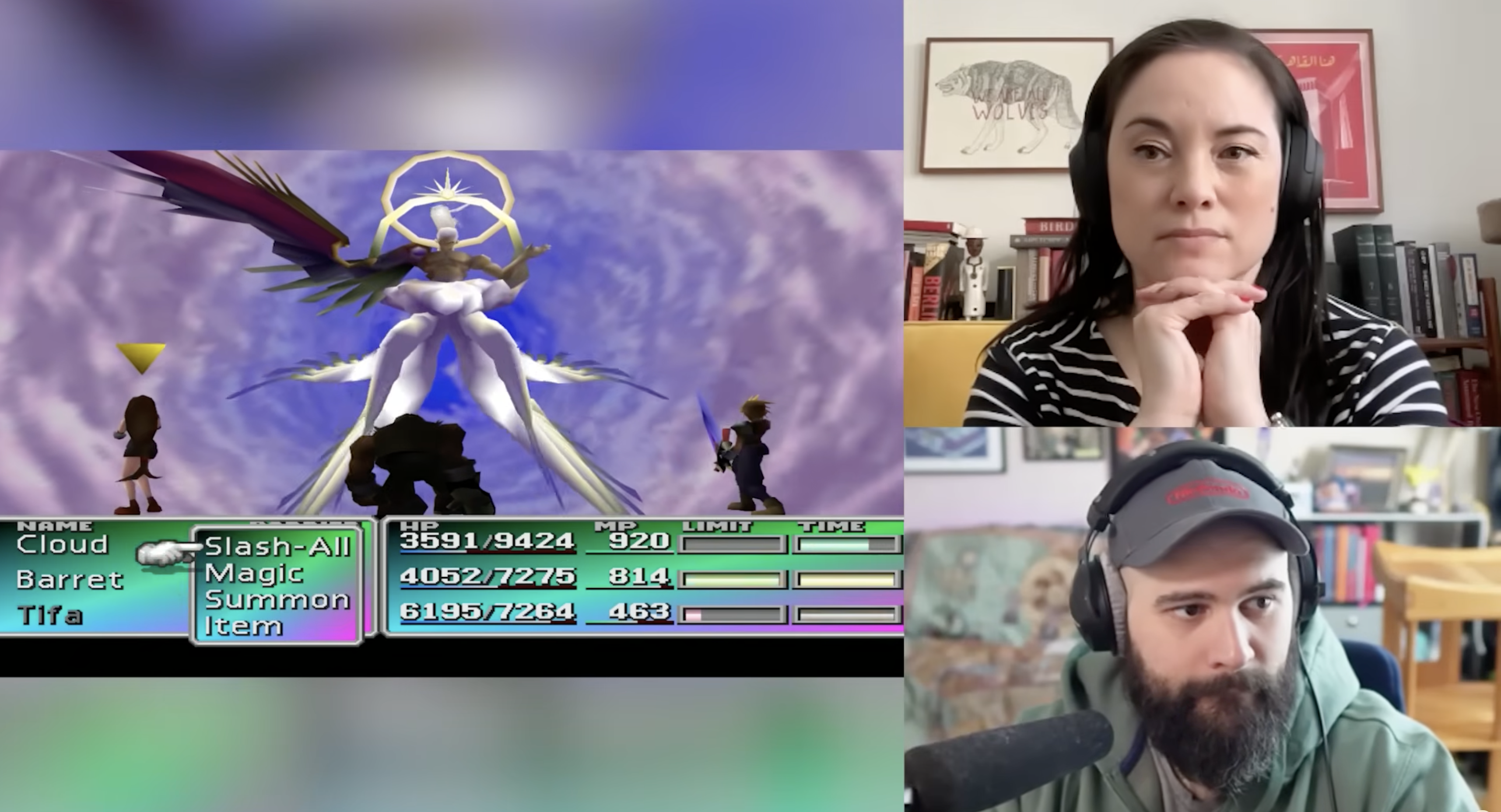 Screenshot of a three-way split screen of Jennifer Jolley and Marco Cammarota watching a video game.